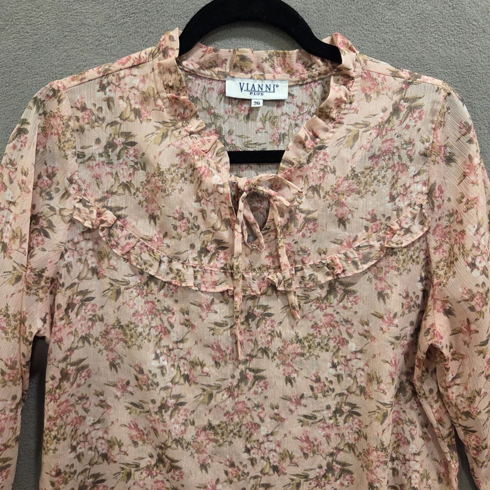 Vianni Plus Sheer Floral Blouse Womens 36 (8/10) Ruffle Coquette Cottage Boho - Picture 2 of 8